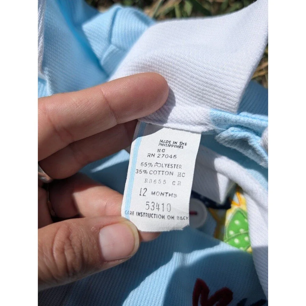 Vintage 1980s Baby Blue Collar Shirt  MY TOYS embroidered Teddy Bear Cars 12 M
